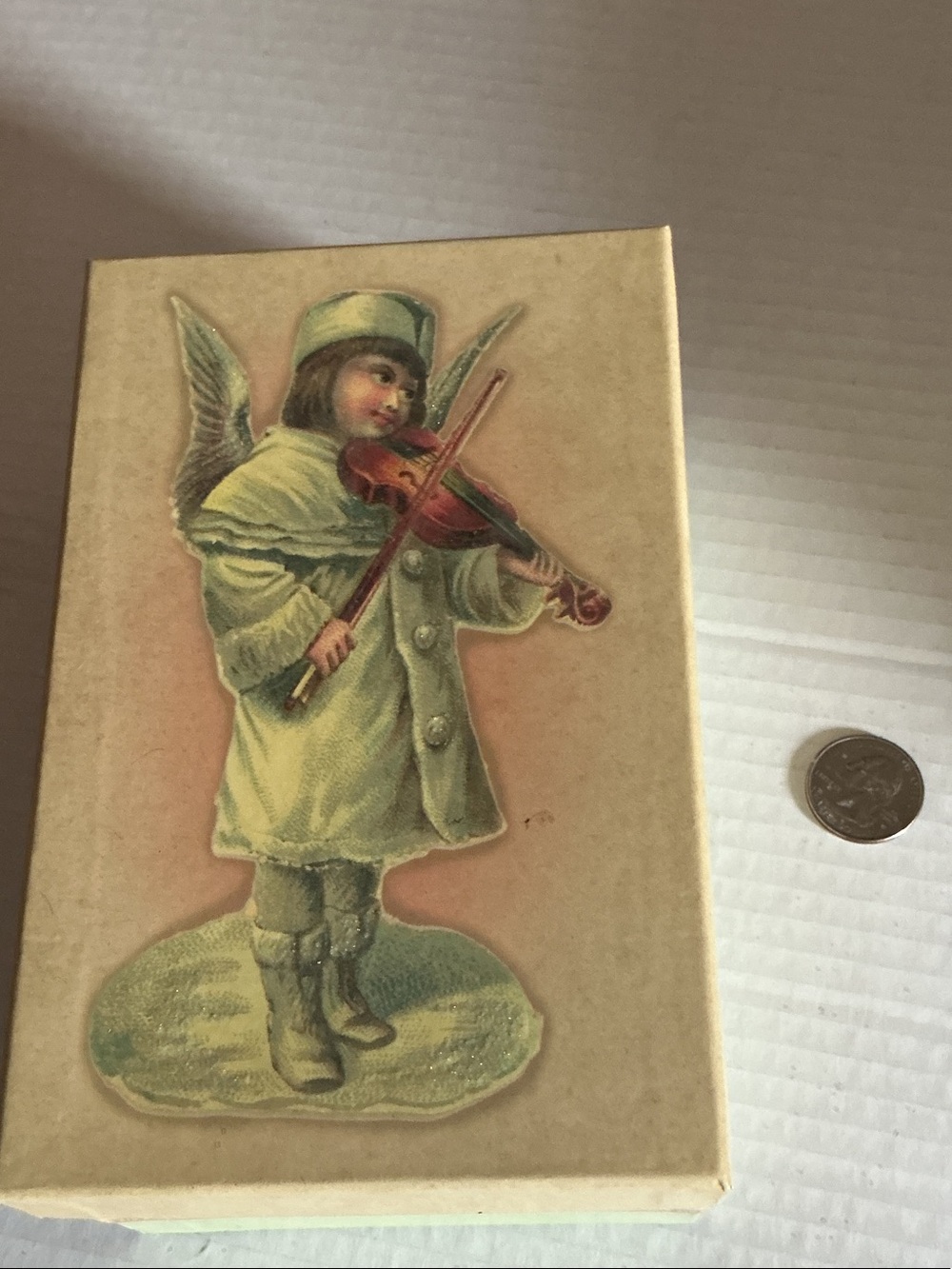 Angel Violin Holiday Decor Box in Cream and Green